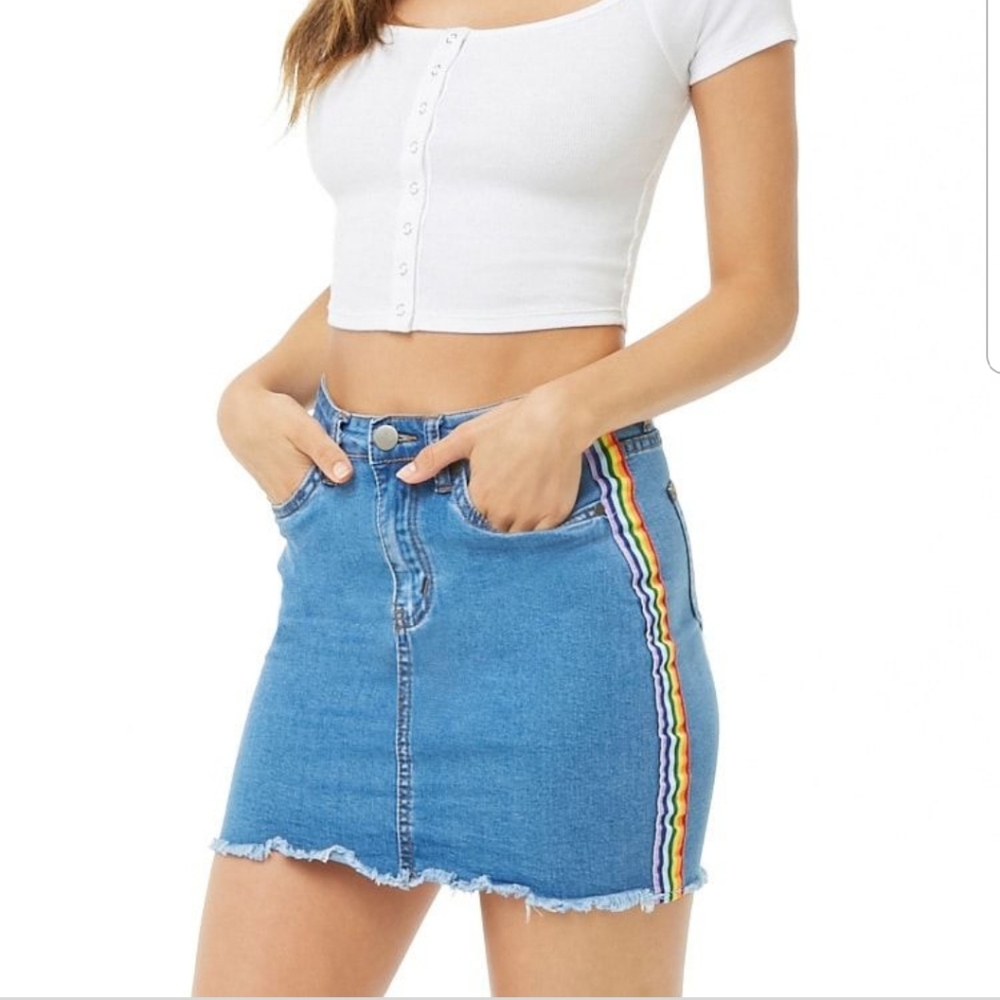 Forever 21 Denim skirt side stripe rainbow